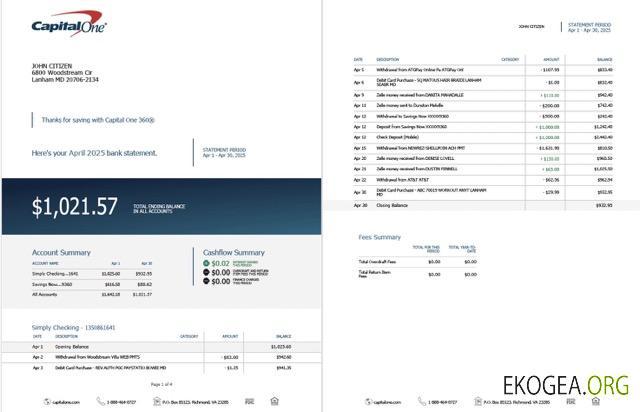 Modèle Word et PDF de relevé de compte USA Capital One , 2 pages